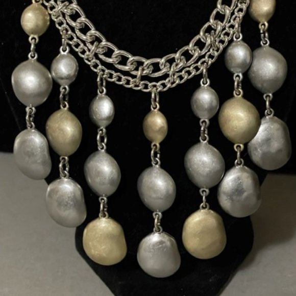 Chico's Brushed Gold and Silver Tone Double Chain Statement Collar 16" Necklace - Picture 2 of 9